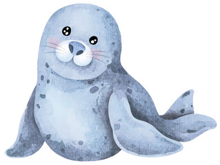 Cartoon seal.Cute animals.Sea lion.Hand drawn with watercolor.