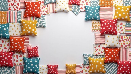 Fototapeta premium Decorative cushions arrangement with copy space on colorful fabric background