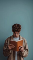A young man reading a book on a light blue background, vertical