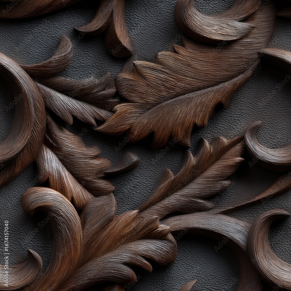 Poster ornate wood carvings feature elaborate leaf designs, creating a striking visual effect with texture 