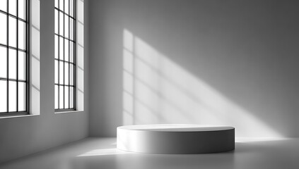 White Minimalist Studio Room with Cylinder Pedestal