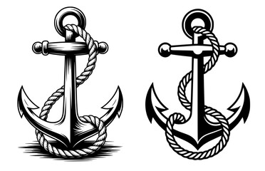 Collection of two detailed vintage-style ship anchors with ropes, ideal for nautical and travel brand logo designs or apparel prints