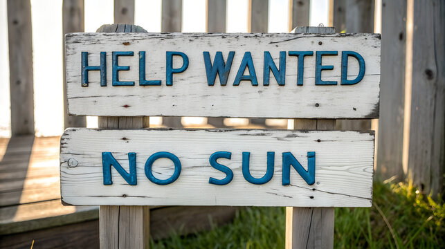 Rustic help wanted no sun sign on wooden fence