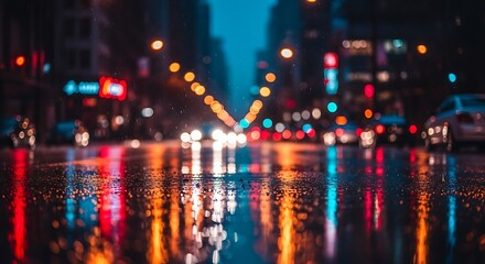 Vectore illustration of rainy city street at night with colorful bokeh lights reflecting on wet asphalt