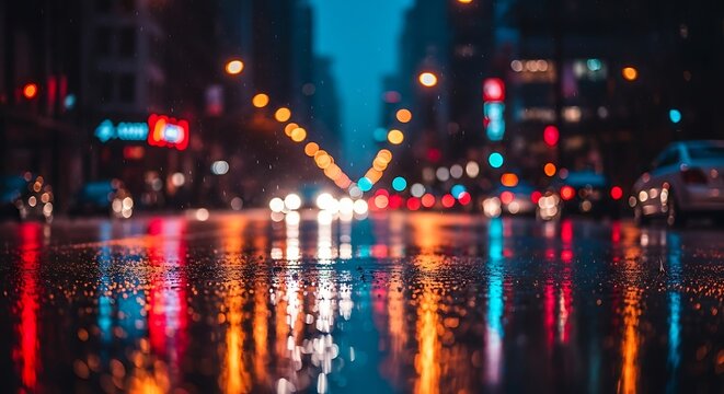 Vectore illustration of rainy city street at night with colorful bokeh lights reflecting on wet asphalt
