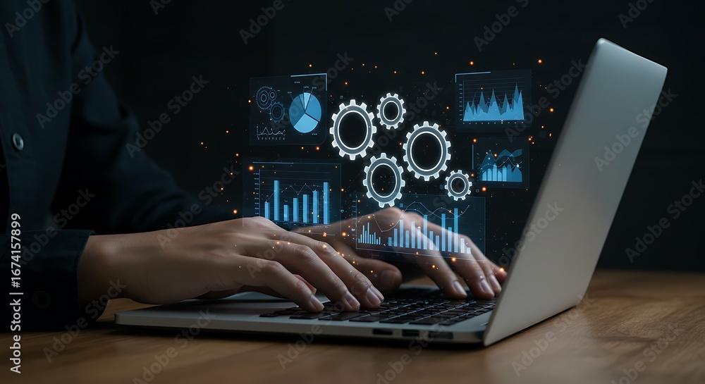 Poster close up of a person s hands typing on a laptop with a glowing blue digital interface showing charts