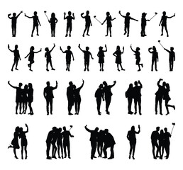 People various ages taking selfie with smartphone in different poses vector isolated silhouettes set on white background. Children young and adult people taking selfie live on social media silhouette.