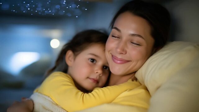 A caring teacher soothes a child in a cozy kindergarten rest area with soft cots and a starlight projector.