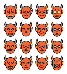 Flat halloween icon set featuring devil faces, angry, happy, surprised, neutral, and confused expressions
