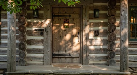 Log cabin entryway with rustic wooden door and stone porch