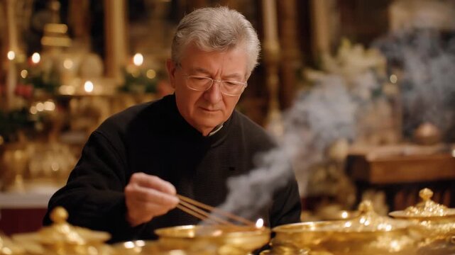 A devout parishioner lights incense at a church prayer corner, captured in a flawlessly sharp and radiant photo.
