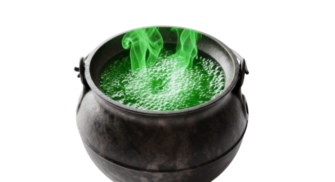 Black cauldron with bubbling green potion and smoky mist rising