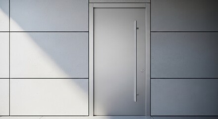 Modern metal door on textured panel wall with light and shadow