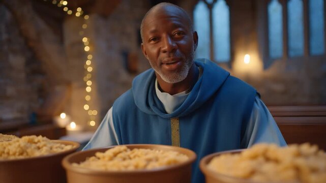 Dedicated volunteer serving meals to the needy in a church kitchen, captured in a finely detailed and well-lit photo.