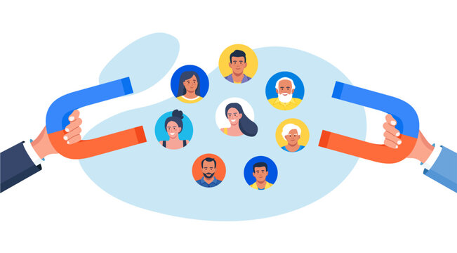 Customer attraction marketing strategy, social media audience. Businessman using giant magnets pull customers. Clients retention. Human resource recruiting candidates or talents. Generating new leads
