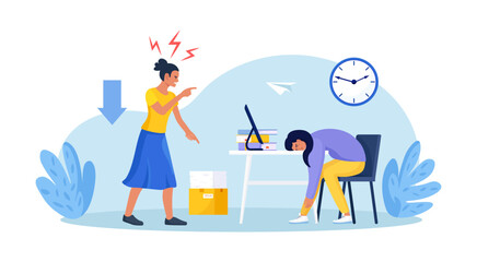 Lazy employee relaxes at the desk while angry boss points at clock. Procrastination or project deadline, low productivity and missed deadlines. Efficiency in work. Postpone tasks to do later