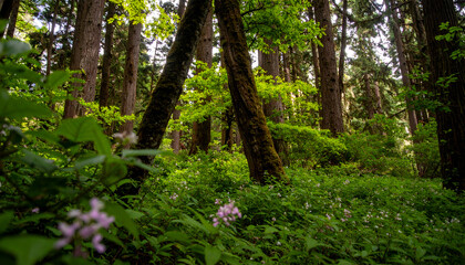 Lush green forest floor with wildflowers and ferns, surrounded by tall trees reaching towards the sky, bathed in dappled sunlight.