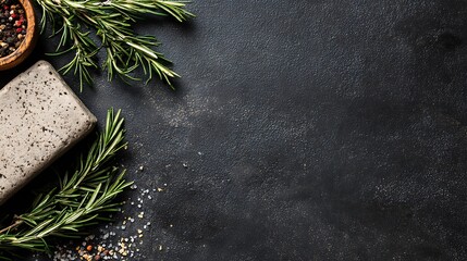 Natural Plant Based Soap and Herbal Leaves on Dark Background