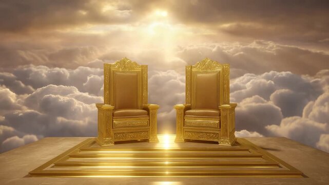 Experience the divine council in a celestial chamber with golden thrones and ethereal light, captured in a stunning, high-clarity photo.