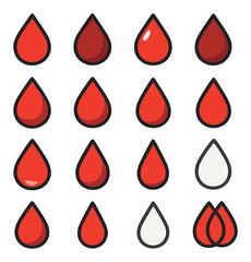 Obraz premium Flat blood icon set featuring drop, donation, transfusion, water, and abstract symbols
