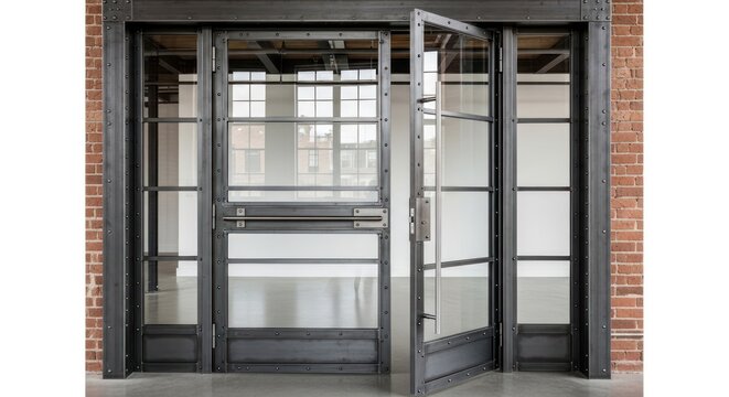 Open doorway with steel frame and brick wall in modern interior