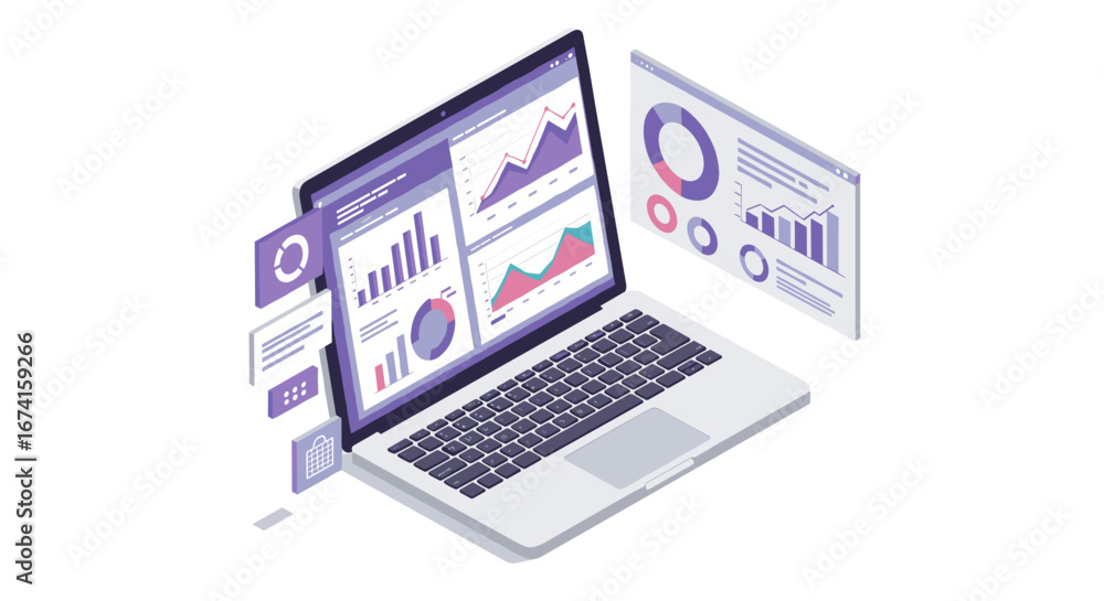 Poster isometric laptop with analytical graphs and charts for business data visualization