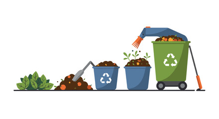 Eco-friendly composting process with recycle bins and robotic arm animation