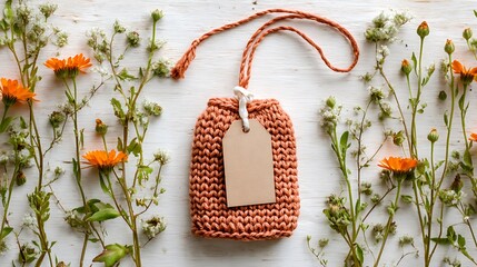 Orange Gift Wrapped Present with Yellow Flowers and Leaves Flatlay