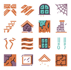 Neon flat icon set for home repair: window, crack, brick, web, shutter, leak, steps, hook, pane