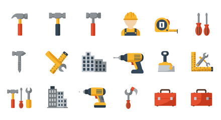 Construction tools and equipment icons for building and repair services