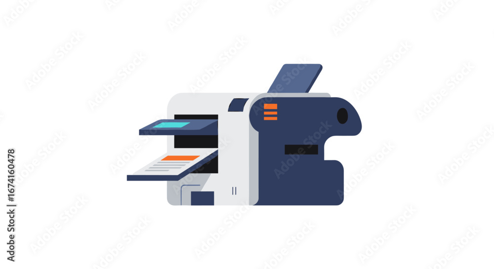 Poster modern isometric printer with document output and colorful interface on white background
