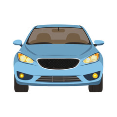Front view of a blue sedan car isolated on transparent background