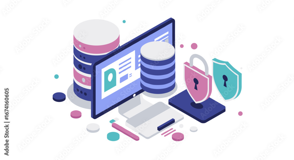 Poster secure data storage with isometric technology elements and cybersecurity features