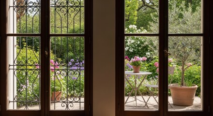 View of lush garden scene through window, inviting and serene