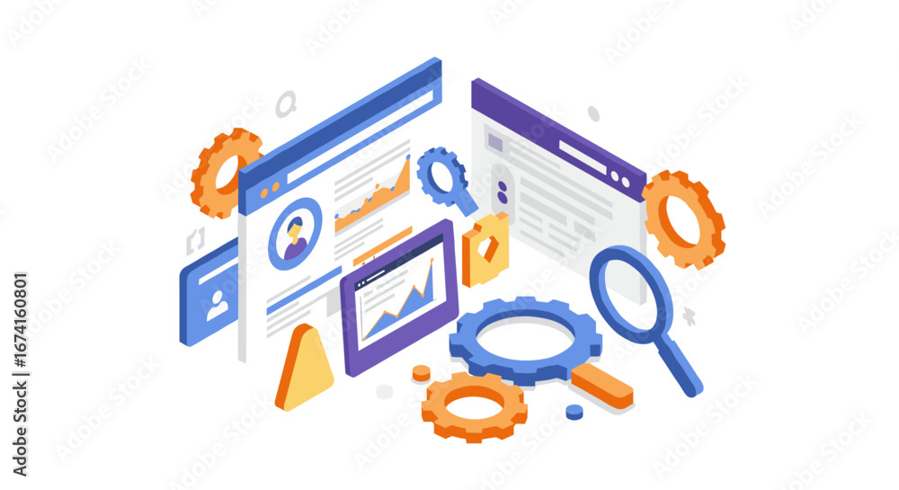 Poster isometric business analytics and data visualization with charts and gear icons