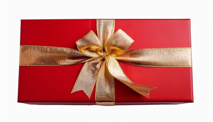 top vies of red gift box with gold bow and ribbon without background