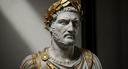 Obraz premium Close up of a marble bust of a roman emperor wearing a golden laurel wreath and golden accents
