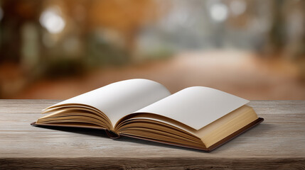 Obraz premium Open book on wooden table with blank pages in foreground and blurred autumn scenery in background creating a serene and peaceful ambiance for creative ideas