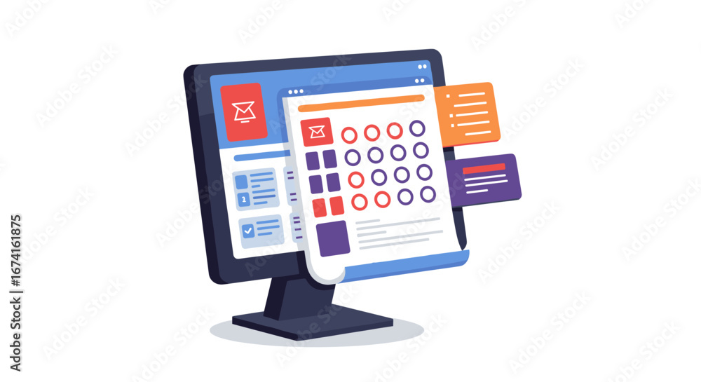 Poster modern isometric interface design for email and task management on dual screens