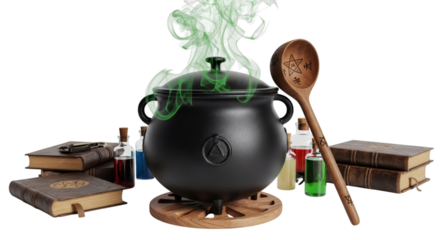Black cauldron with magical green smoke and witchcraft accessories