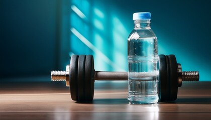 Obraz premium promoting a healthy lifestyle with exercise and hydration a dumbbell rests beside a refreshing bottle of water encouraging fitness enthusiasts to prioritize their well being