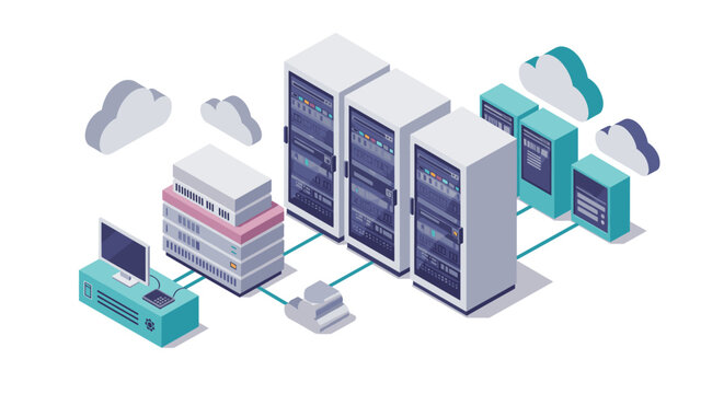 Isometric data center network with servers and cloud computing connections