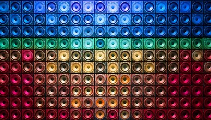 wall consisting of large multi colored music speakers musical background