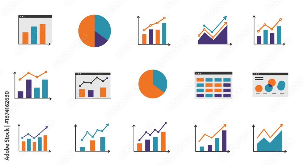 Poster colorful chart collection: diverse graphical data representations in flat design