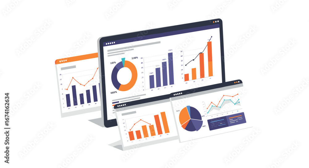 Poster isometric data analysis dashboard with graphs and charts in modern style