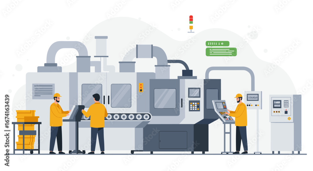 Poster modern factory automation with workers operating advanced machinery