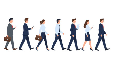 Business professionals walking in line with devices and portfolios