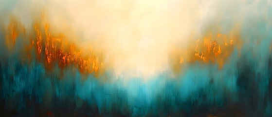 Fototapeta premium Abstract Gold Teal Landscape Painting, Warm Sunset Hues, Textured Canvas Art
