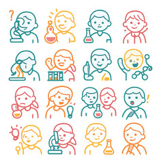 Linear science icons set featuring microscope, test tube, scientist, experiment, chemistry symbols