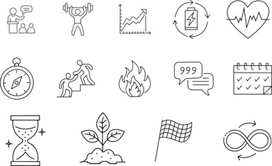 A clean, minimalist, black and white icon set presented on a stark white background, arranged in a 3x5 grid. 